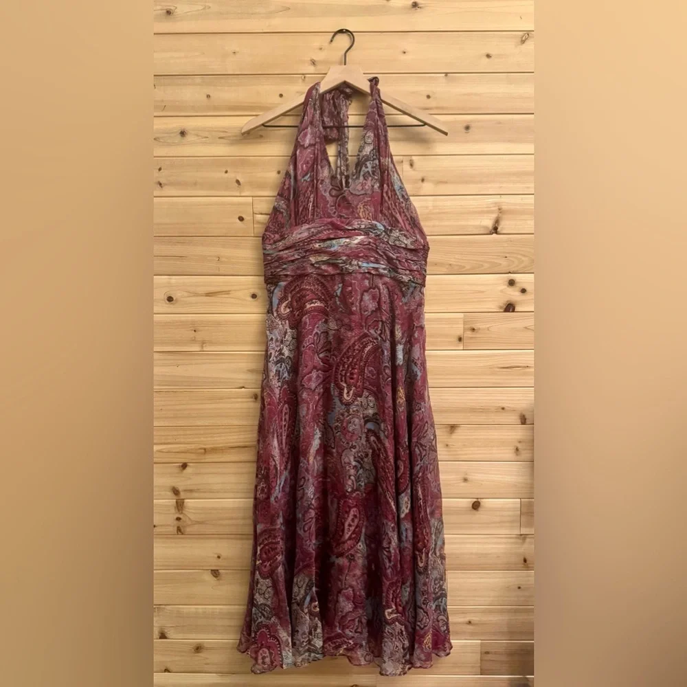 Suzi Chin Medium Shimmery Blue Wine Paisley Halter Silk Dress Whimsigoth Boho